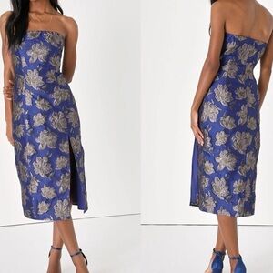 NWT Lulus Extravagant Charm Navy Blue Floral Jacquard Strapless Midi Dress